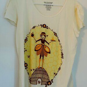 Blue Platypus girl with bees print graphic T-Shirt XL NWOT